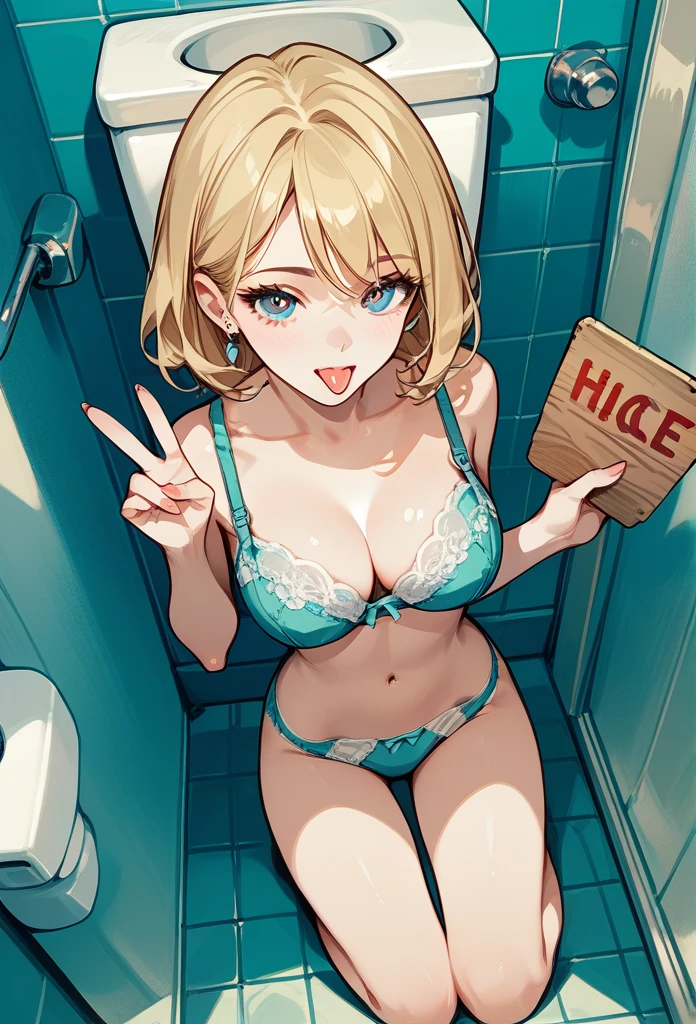 masterpiece, best quality, woman, blonde hair, sharp eyes, curvy body, bathroom, kneeling, bra, pantiedes urinal, above view, front view, tongue out, (holding sign, toilet sign, male toilet), hand on thigh
