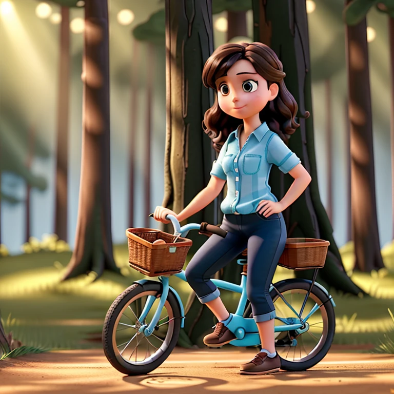 A brunette woman with a bicycle, illuminated by sunlight, against the backdrop of a forest