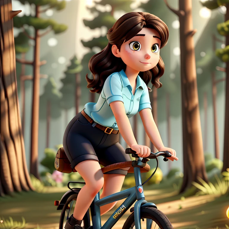 A brunette woman with a bicycle, illuminated by sunlight, against the backdrop of a forest