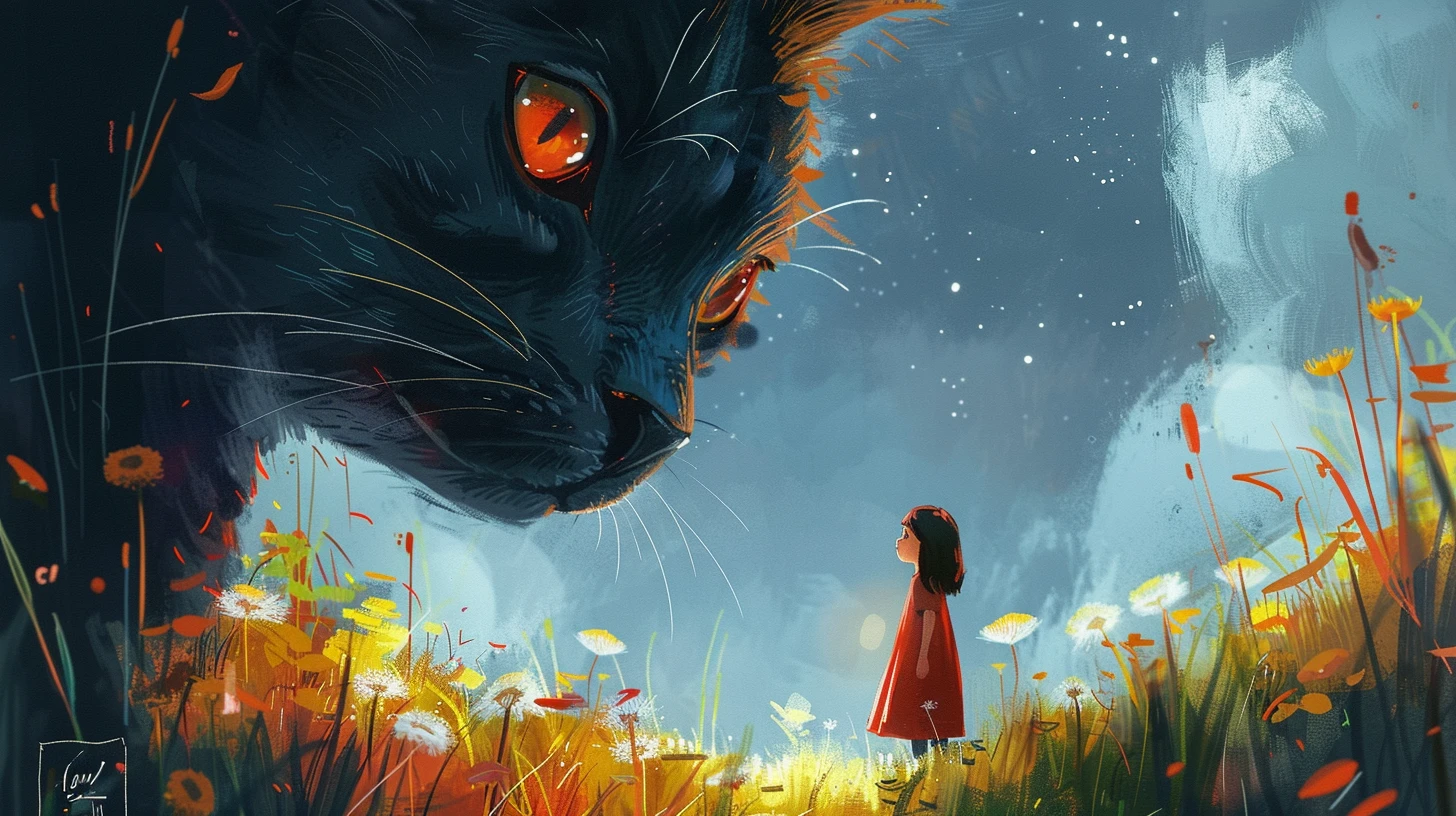 一只巨大的黑猫与穿着红裙的小女孩，童真与神秘交织成一幅温馨画面
