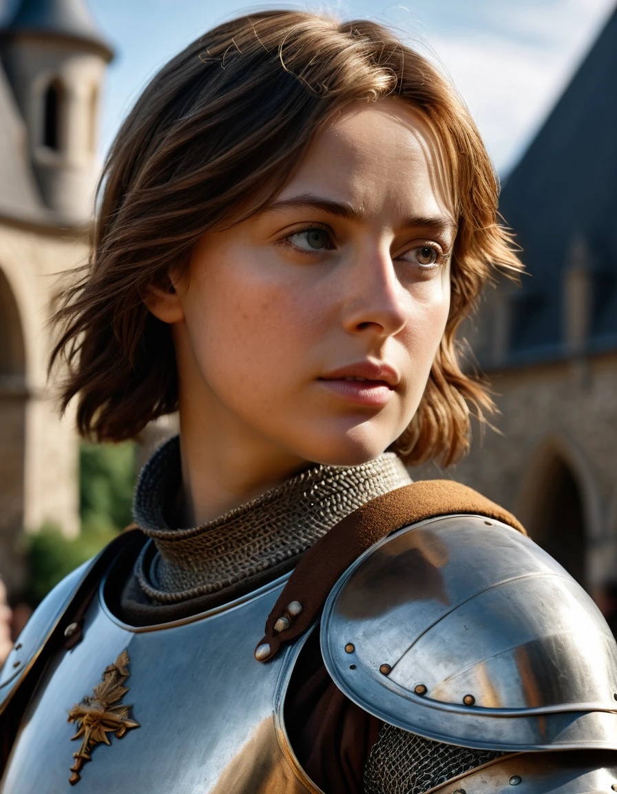 (best quality,4k,8k,highres,masterpiece:1.2),ultra-detailed,(realistic,photorealistic,photo-realistic:1.37), portrait, close-up shot, Jeanne d'Arc, Joan of Arc, female knight, short brown hair, cinematic lighting, vibrant colors