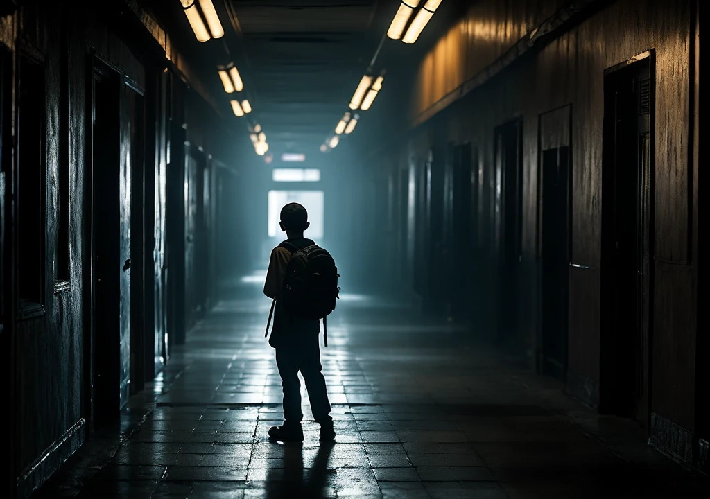 A long, dimly lit hallway in a college, with old, fading posters on the walls and flickering lights casting eerie shadows. A young boy, Alex, stands alone with his backpack slung over one shoulder, looking around nervously."