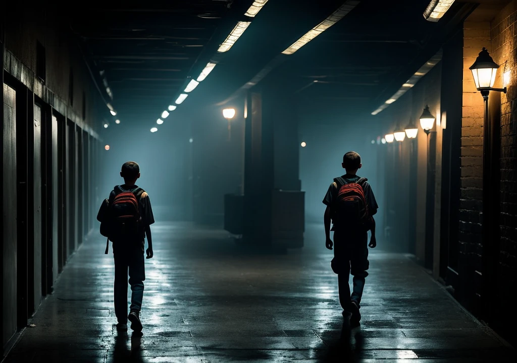 A long, dimly lit hallway in a college, with old, fading posters on the walls and flickering lights casting eerie shadows. A young boy, Alex, stands alone with his backpack slung over one shoulder, looking around nervously."