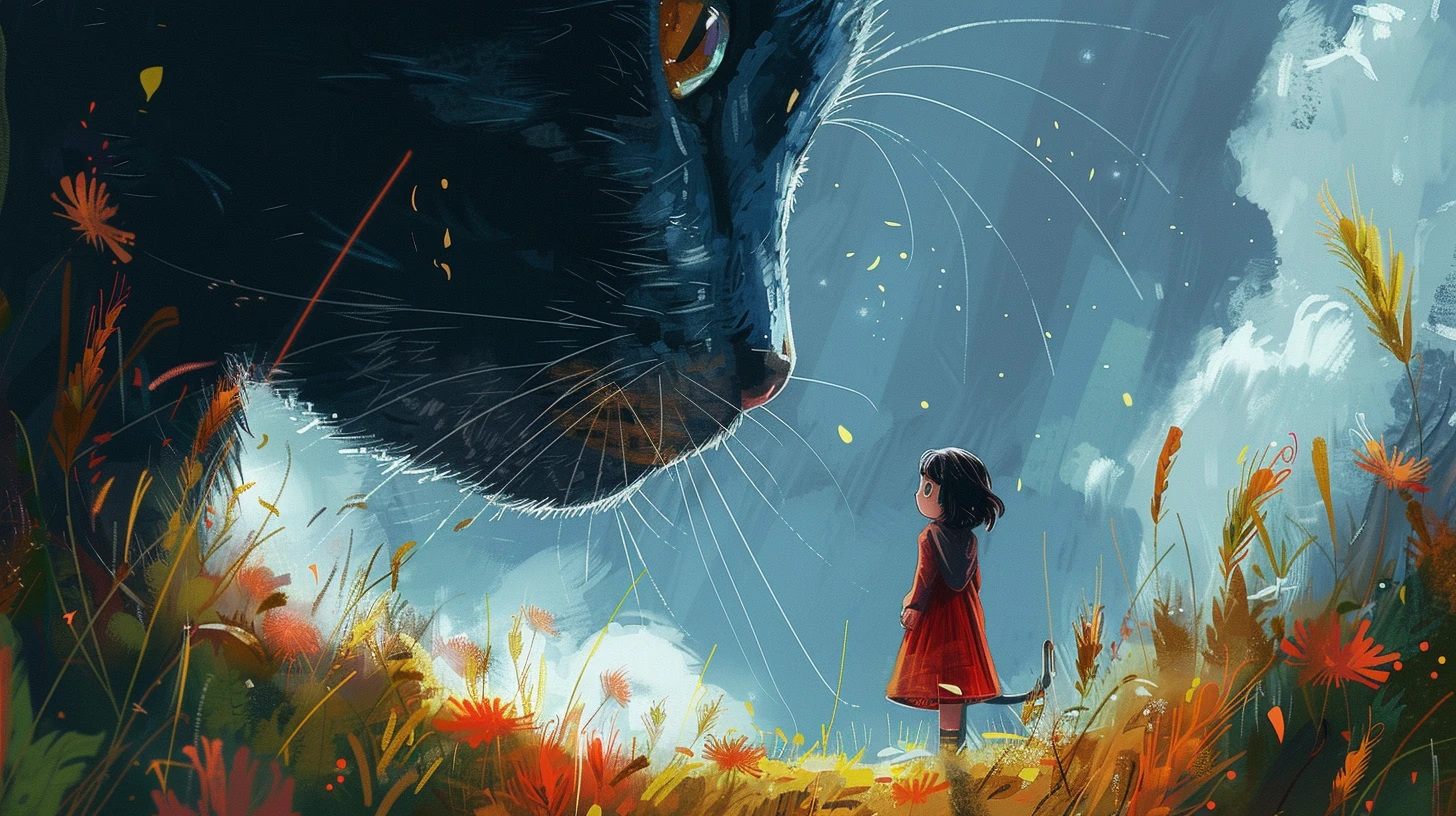 一只巨大的黑猫与穿着红裙的小女孩，童真与神秘交织成一幅温馨画面