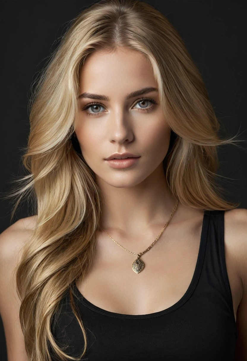 Portrait of a stunning woman with piercing brown eyes and long flowing blonde hair, wearing black tank-top, realistic, intricate details in the clothing and facial features, studio lighting to enhance the depth and realism of the image
