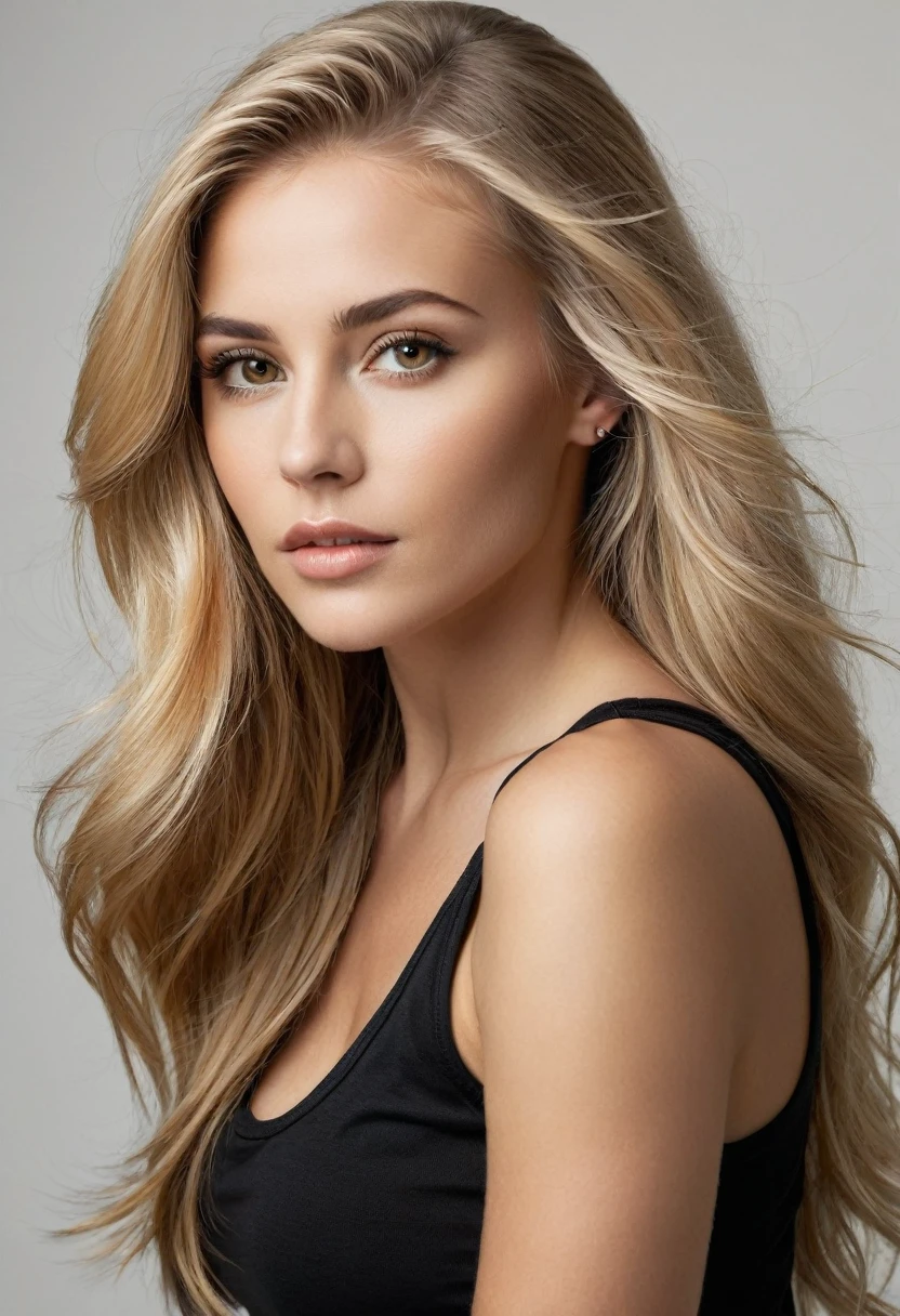 Portrait of a stunning woman with piercing brown eyes and long flowing blonde hair, wearing black tank-top, realistic, intricate details in the clothing and facial features, studio lighting to enhance the depth and realism of the image