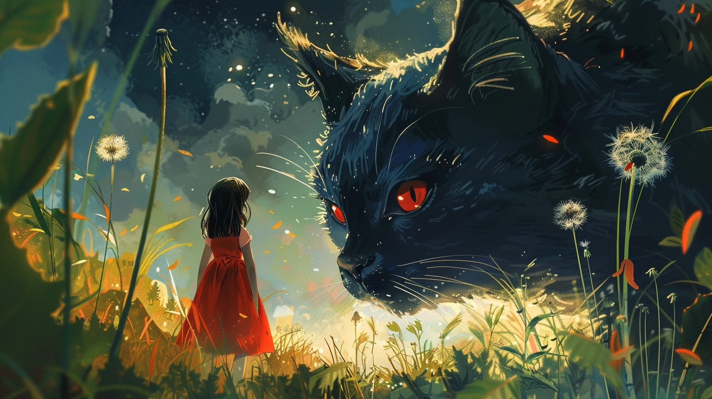 一只巨大的黑猫与穿着红裙的小女孩，童真与神秘交织成一幅温馨画面