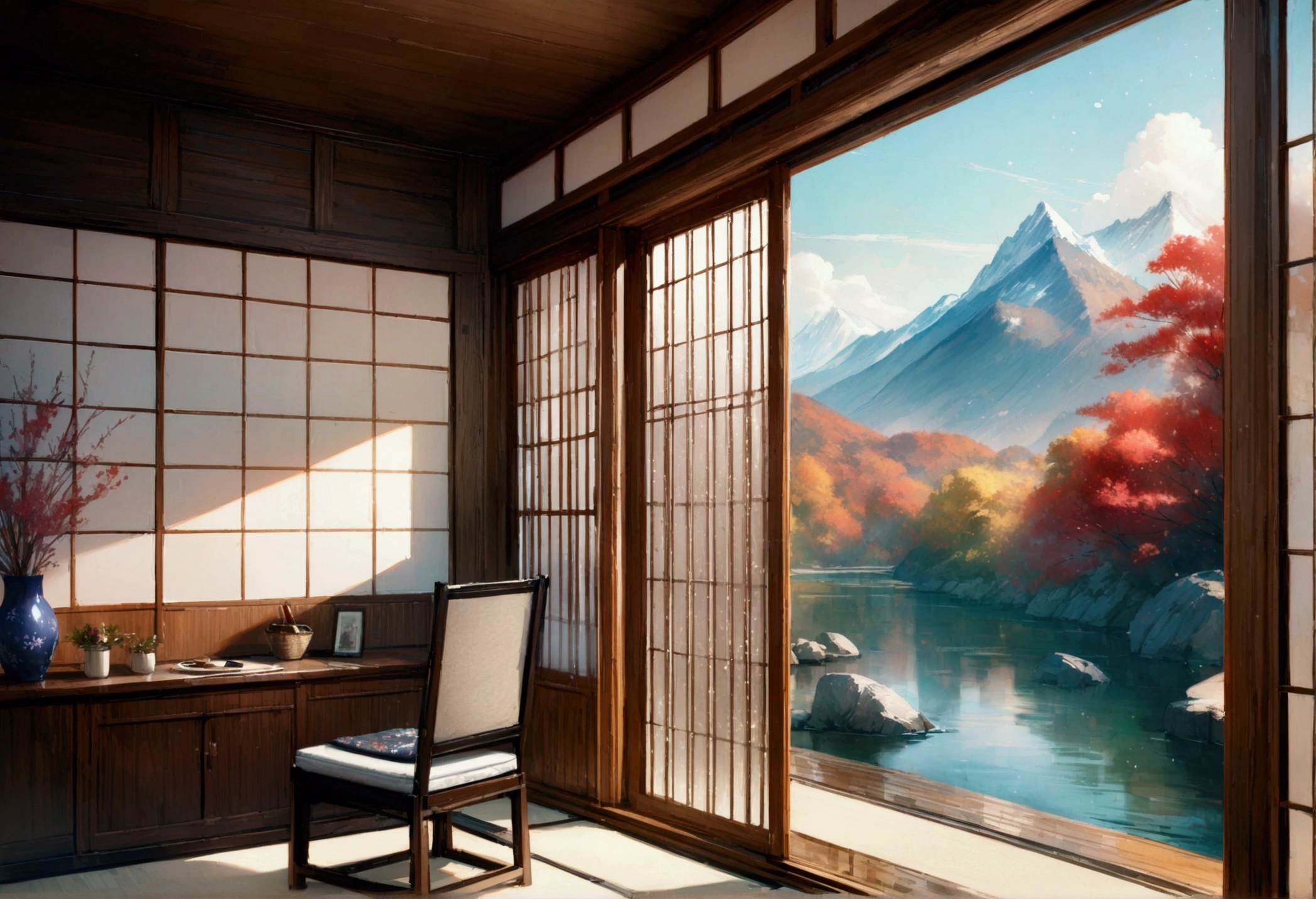 Holiday Homes, Large windows and beautiful views,Japanese Room,Glitter effect,Highest quality, 8k, High resolution, masterpiece:1.2, Very detailed, Realistic:1.37, High resolution, 超High resolution, Ultra-fine painting, Very detailed, Professional, Vibrant colors