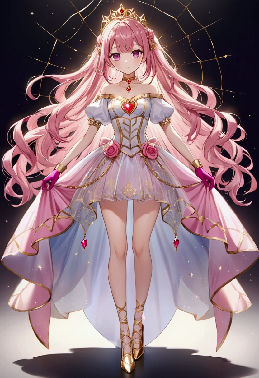 Create an anime-style girl with deep magenta eyes and long, wavy pink hair styled in an elegant updo. She is slender with small breasts. Ensure a full-body shot of her wearing a magical girl-themed outfit. The outfit features a fitted bodice with a sweetheart neckline, gold embroidery, and pastel pink accents. The bodice has delicate rose gold spider web patterns. She wears a multi-layered knee-length skirt with a high-low hemline, the outermost layer sheer with gold and rose gold spider web patterns. She has off-the-shoulder puff sleeves, arm-length pastel pink gloves with gold trim, and a gold choker with a red gemstone. The outfit includes a short, detachable sheer cape with rose gold spider web patterns and is fastened with gold brooches. She wears pastel pink ankle boots with gold heels and rose gold laces. Accessories include a gold tiara with a red gemstone and gold spider-shaped hairpins. The overall look is regal and ethereal, with magical glowing effects.