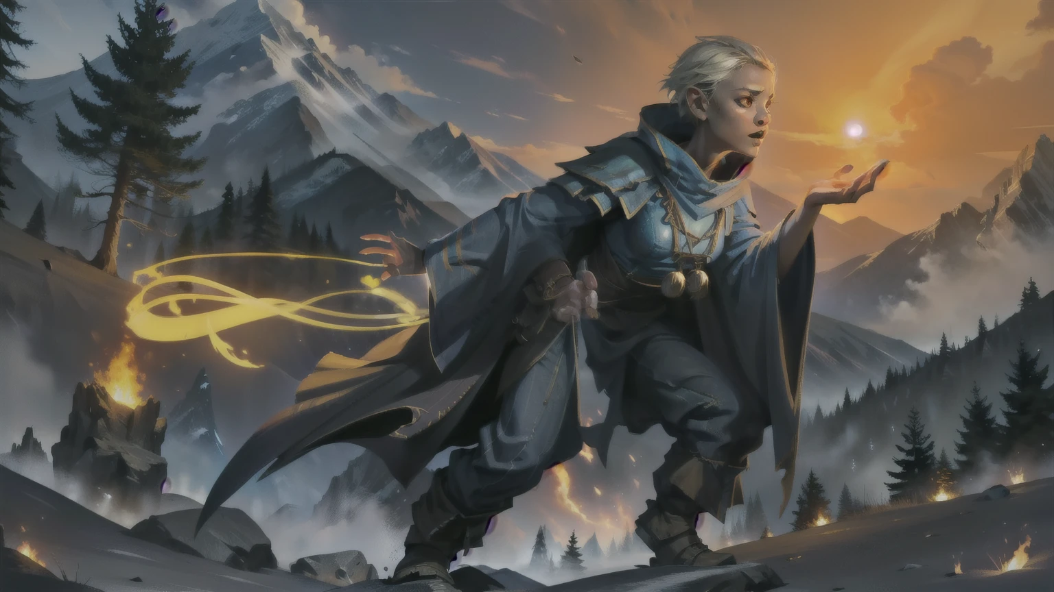 I want a character casting magic in the mists of a mountain, fire magic