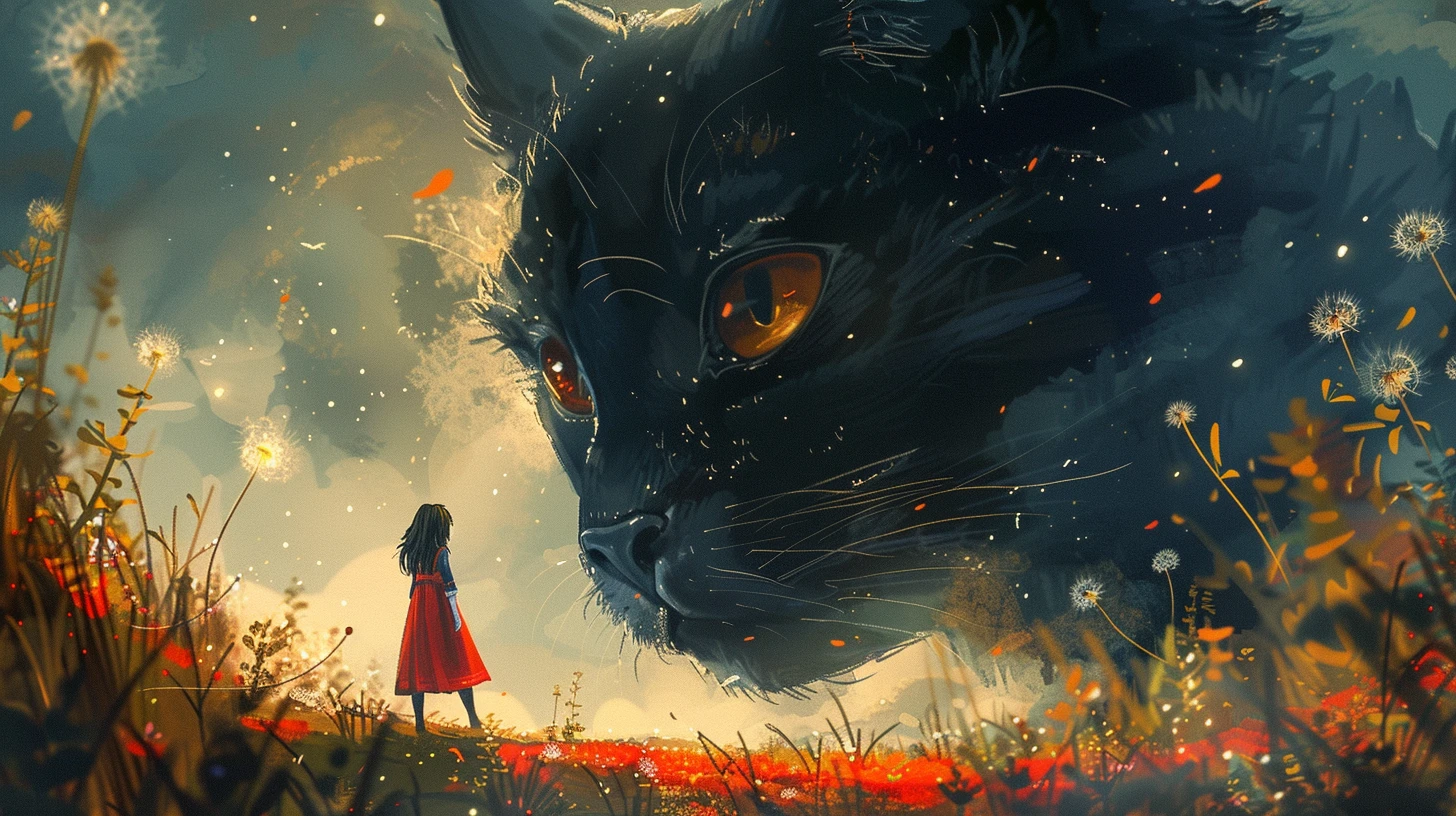 一只巨大的黑猫与穿着红裙的小女孩，童真与神秘交织成一幅温馨画面