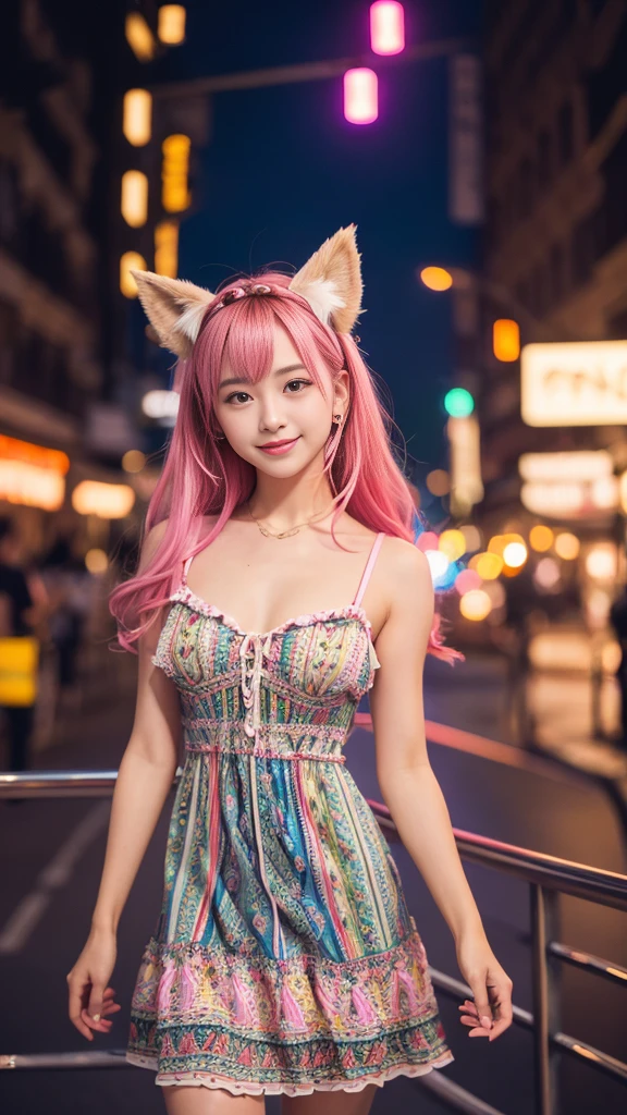 8k, Highest quality, masterpiece, Realistic, Super detailed,  photograph, High resolution, ROWphotograph, High resolution, Absurd, Cinematic Light, Official Art, High resolution, Depth of written boundary,
(close:1.2), Beautiful feet, thin, cute顔, smile, Beautiful details in the eyes, 10th Generation、cute, bright pink long hair, Detailed skin,French、
(Intricately patterned dress:1.4), (Colorful lights:1.4), (night:1.4), City Street, (neon:1.2),High resolution, chest, 大きなchest, Animal ears , Cinematic light effects, 
