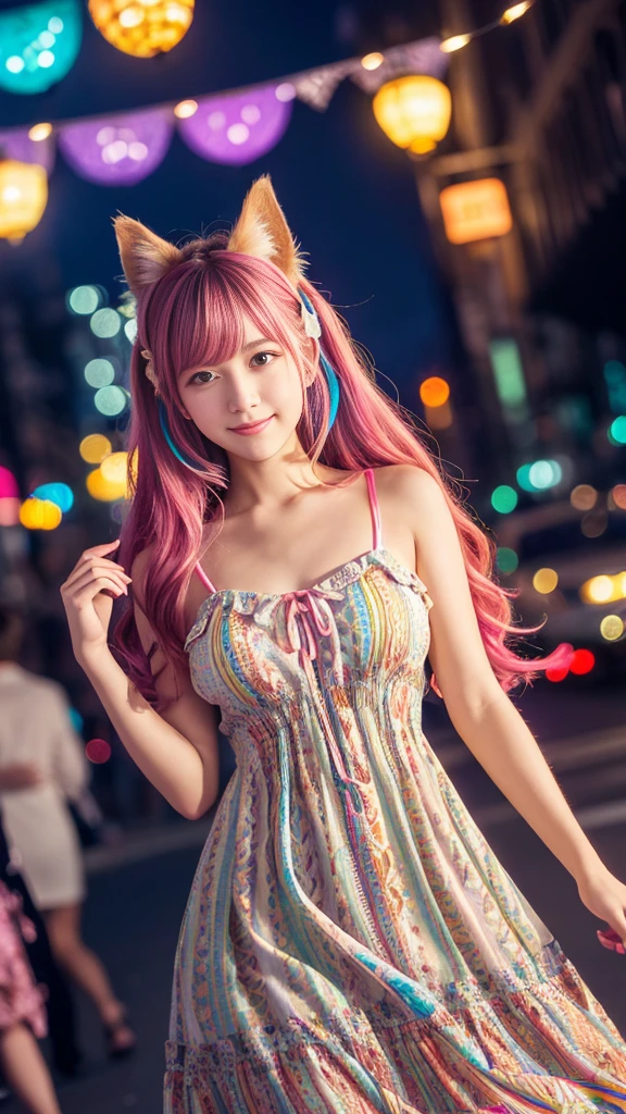 8k, Highest quality, masterpiece, Realistic, Super detailed,  photograph, High resolution, ROWphotograph, High resolution, Absurd, Cinematic Light, Official Art, High resolution, Depth of written boundary,
(close:1.2), Beautiful feet, thin, cute顔, smile, Beautiful details in the eyes, 10th Generation、cute, bright pink long hair, Detailed skin,French、
(Intricately patterned dress:1.4), (Colorful lights:1.4), (night:1.4), City Street, (neon:1.2),High resolution, chest, 大きなchest, Animal ears , Cinematic light effects, 