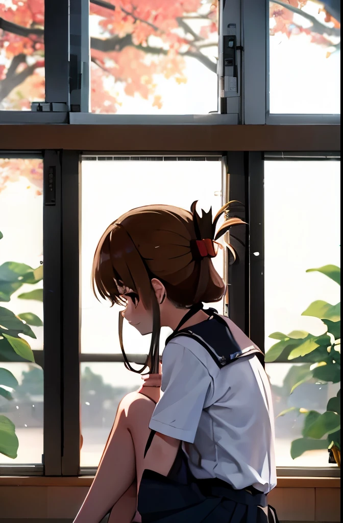 He is sitting on the floor of the school gymnasium, feeling unwell and holding his knees while observing a class.,(masterpiece, best quality:1.2),illustration,8k,HD,1girl,独奏,upper body,(portrait:1.2),brown_hair,folded_ponytail,brown_eyes,serafuku,long_hair,school_uniform,skirt,pleated_skirt,