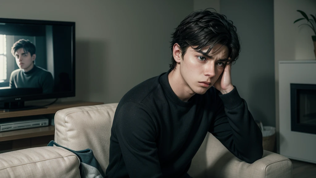 a frustrated young man sitting in front of a television and sitting on a sofa