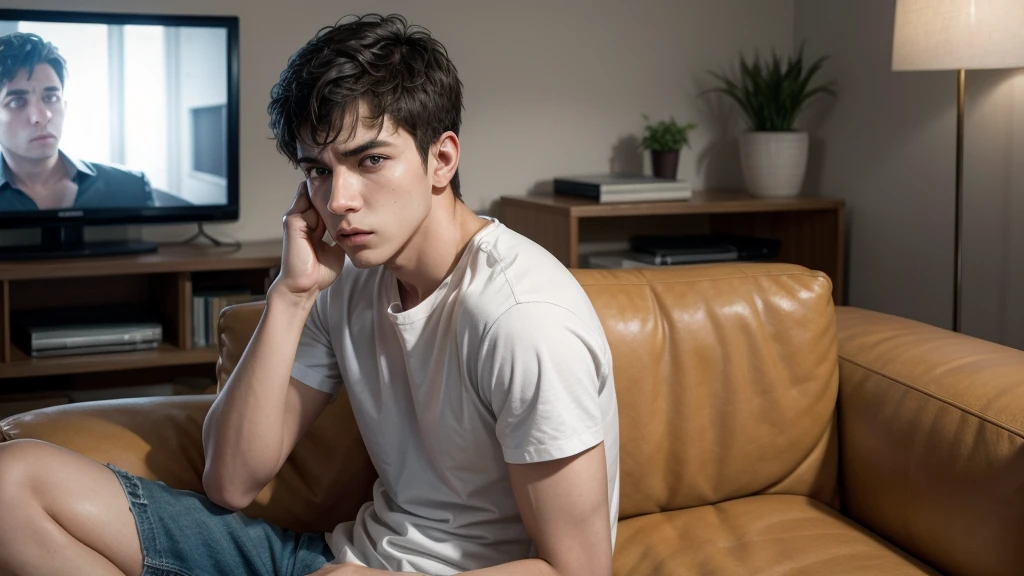 a frustrated young man sitting in front of a television and sitting on a sofa
