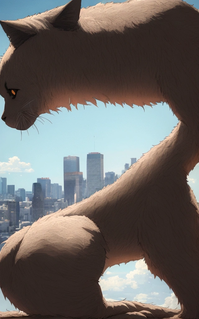 score_9,(best quality,4k,8k,highres,masterpiece:1.2),a ultra-gigantic cat sits on a building, crowd, city, from below, cinematic angle, anime, ultra-detailed,vivid colors,