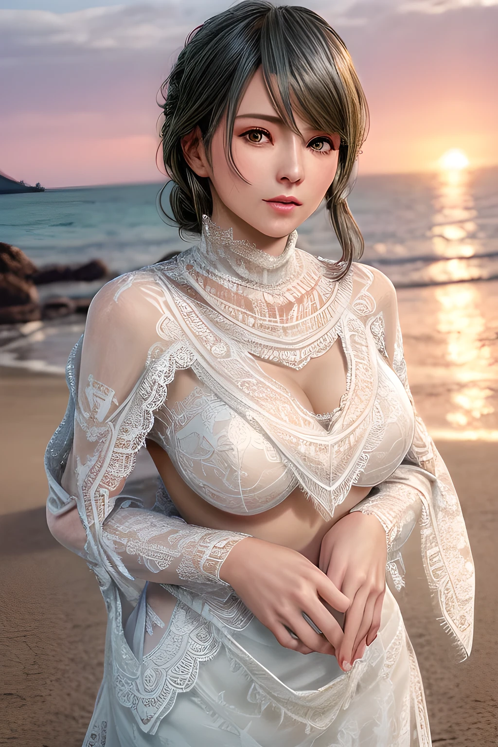 1girl , wearing a wedding dress with (a sweetheart neckline on the upper part:1.2),( a beautiful lace shawl:1.5), and long sleeves that add to her elegance,outdoors,At the seaside at sunset,huge breasts,Tamaki,