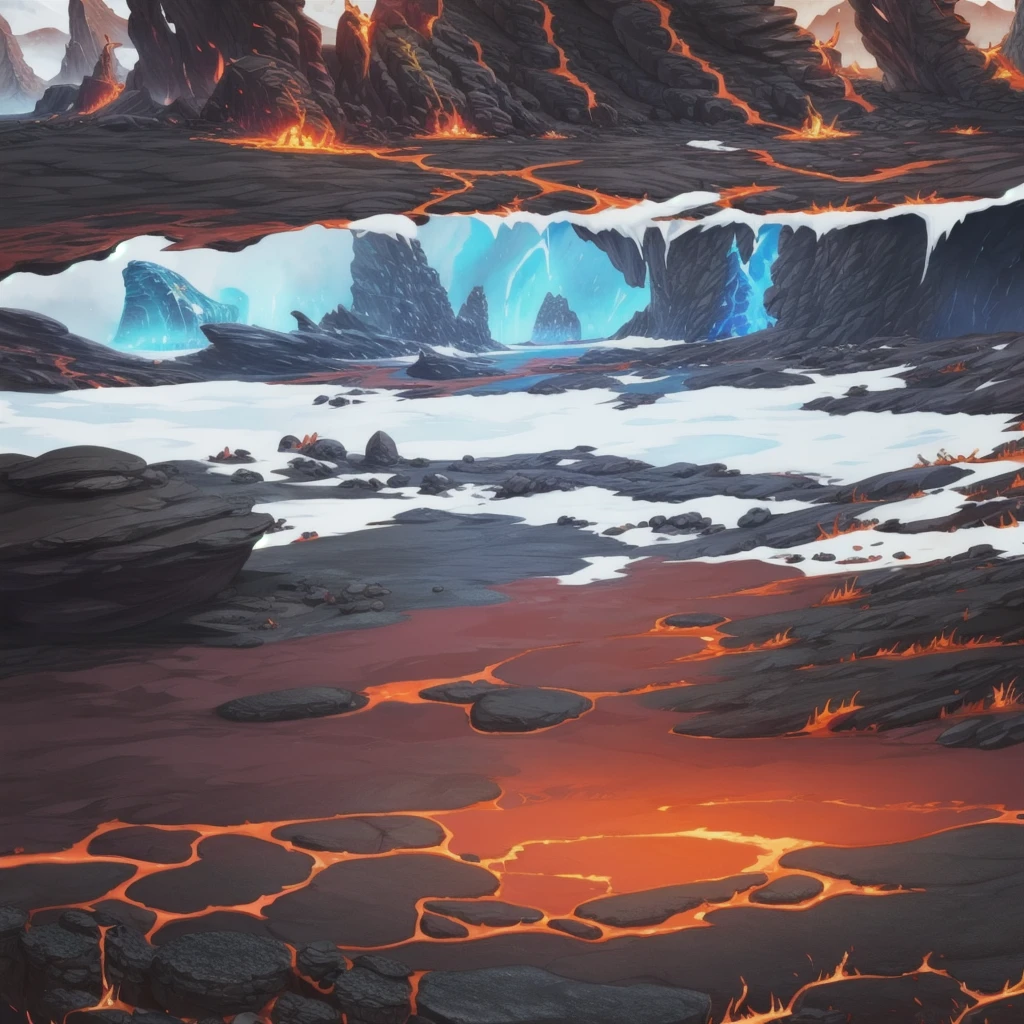 concept art, Horizontal Scene, horizon composition, There are no humans, sight, underground cave, rock, volcanic area, lava