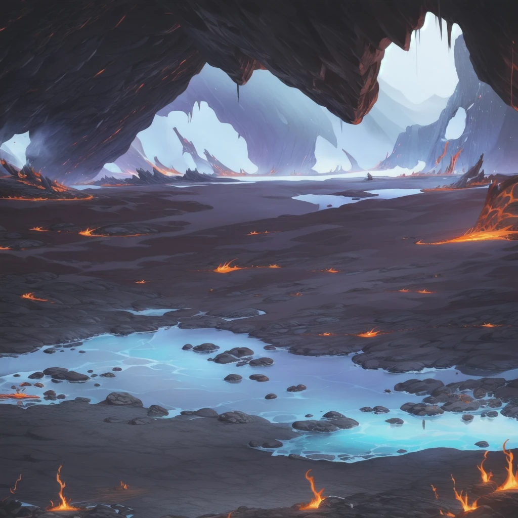 concept art, Horizontal Scene, horizon composition, There are no humans, sight, underground cave, rock, volcanic area, lava