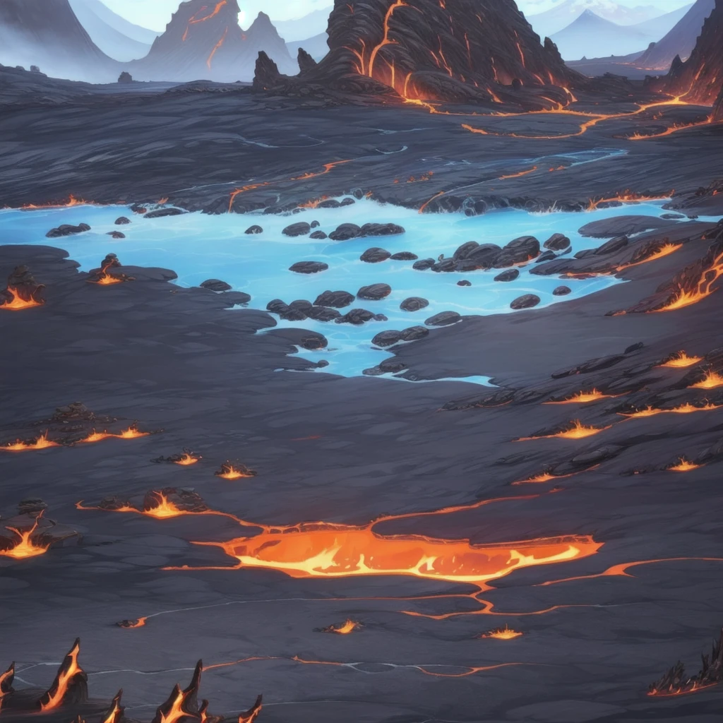 concept art, Horizontal Scene, horizon composition, There are no humans, sight, underground cave, rock, volcanic area, lava