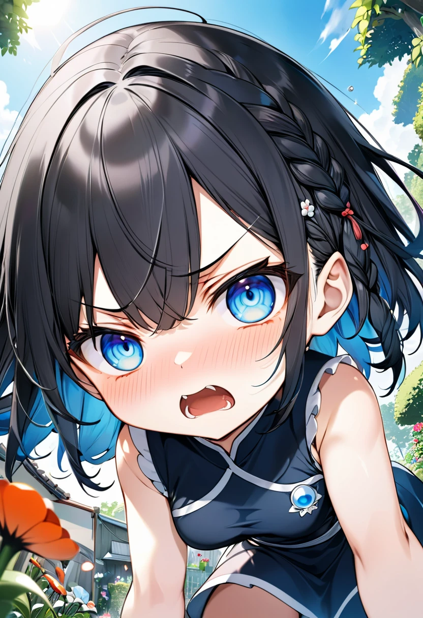 Highest quality、High resolution、Detailed Background、Beautiful face in every detail、Anatomically correct、Detailed facial expressions、fine grain、((From below))、((One Girl))、Chibi Girl、 Black Hair、beautiful clear big blue eyes、Braided Bob、Sleeveless dress、garden、Very angry、Trying to hit the viewer
