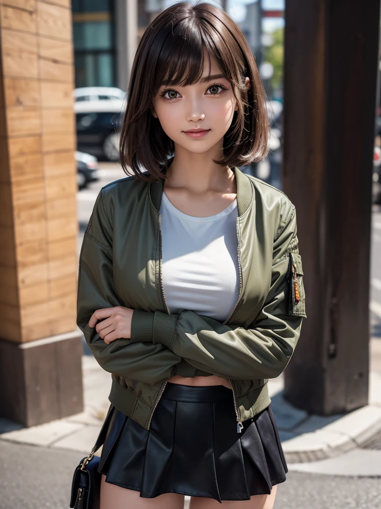 (8k, RAW Photos, Highest quality, masterpiece:1.2), (Realistic, photo-Realistic:1.4), (Highly detailed 8K wallpapers), ((Full Body Shot)), (1 girl), Sharp focus, Depth of written boundary, Cinematic lighting, Soft Light, 緻密な美しさのeye, eye_Chan, Very beautiful 17 year old girl, innocent big eyes, Realistic, photo Realistic, Highly detailed cute girl, (Thin thighs), (Model body type), 18-year-old, ((Khaki flight jacket)), (T-Shirts), (Black color micro mini tight skirt), (((Fold your arms in front of your chest and act arrogantly))), ((A happy smile)), Parted lips, Watching the audience, (On the streets of Tokyo) , (Brown Hair),（Medium Bob Hair), (Asymmetrical bangs)