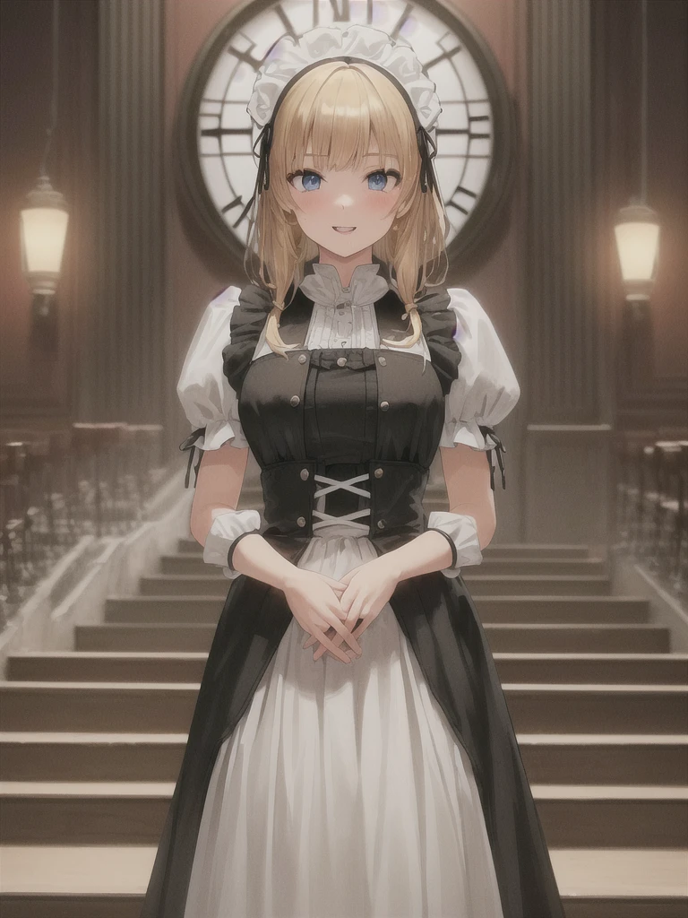 KirimaSharo, KirimaSharo, Gothic Maid:1.5, black and white contrast, ShaggyHair:1.3, (Highest quality:1.2), 8k, Absurd, anime, ShaggyHair:1.3, bangs, blunt bangs, (Blue eyes:1.1), Blonde, break looking at viewer, (Cowboy Shot:1.5), break (masterpiece:1.2), unity 8k wallpaper, (figure:0.8), (Beautiful attention to detail:1.6), Highly detailed face, Perfect lighting, Highly detailed CG, (Perfect hands, Perfect Anatomy), (3D Face:1.1), (Shiny skin:1.5), (Ultra-high resolution intricate face details), (Facial skin pores:1.3), Ultra high resolution cloth texture, Big smile, Blushing, Open your mouth, arms behind back, One girl, alone, ((The interior of the cafe with soft light shining in)), (There are many antique tables and chairs), ((Clock, houseplants, stairs, hanging L lights, (cafe supplies:1.2), shelves with coffee beans)).((reflect)), (masterpiece,best quality:1.4),super fine illustration,shiny skin,detailed skin,an extremely cute and beautiful girl,beautiful face,full body,standing