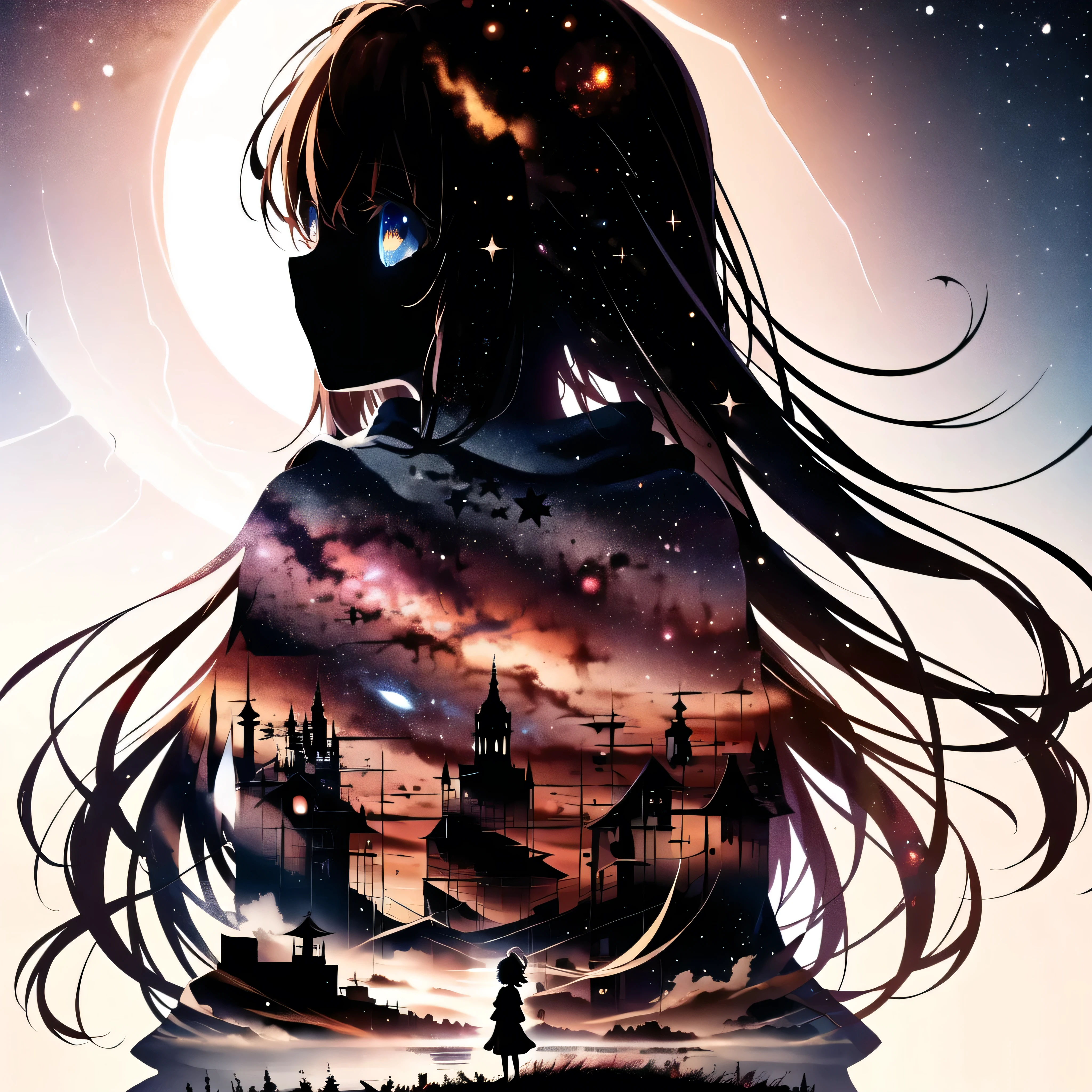 masterpiece, Highest quality, One girl, alone, (silhouette:1.3), Glowing Eyes, Beautiful Eyes, star (null), profile,