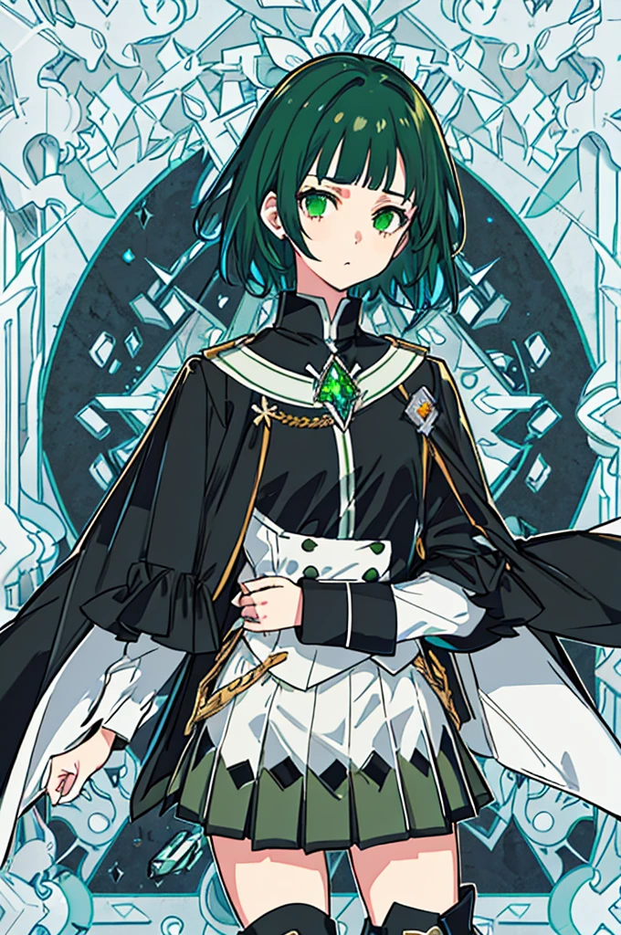 [(with a cathedral background:1.4)::5],original,(shape:1.1),(highest quality),(Tabletop:1.1),(Highly detailed CG Unity 8k wallpaper:1.1), (colorful:0.9),(Mid Shot:0.95),(very detailed beautiful whole body),Dynamic Angle,(alone:1.2), (girl),(((Adult))), (Beautiful eyes in every detail:1.15), (Beautiful Face:1.15), (Glowing green eyes:1.25////),(Gemstone Eyes),(Green Short Hair),(Blunt bangs),((The girl wear a black knight uniform)),Realistic,, girl,Green Hair,((Black long boots)), Black mini skirt,Black knee socks(rage),(Contempt and contempt),rage,(beautiful slender girl),((Adult)),((upper body)),Valkyrie, Decorations,((Thin legs)),((slender girl)),Front Angle,Front Angle,