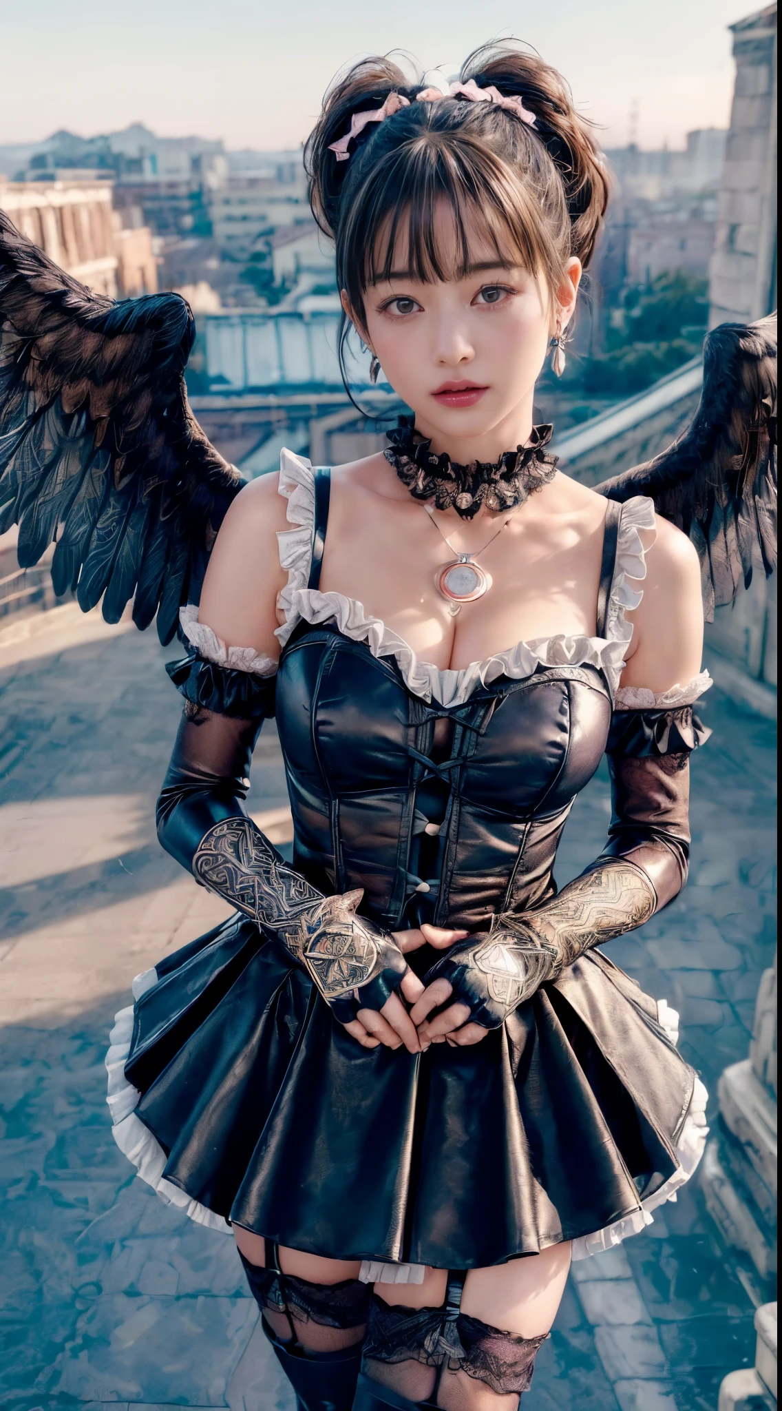 (((Cowboy Shot)))、(Looking at the audience)、(((Magical girl)))、(((alone)))、Big Breasts、The wind is blowing、Outdoor、(((Stand on the roof of a building)))、(((city)))、(((Ephemeral)))、Bowl Cut Hair、((Magical girlのコスチューム))、((magic circle:1.5))、(((Dark Gothic Costume)))、(((Frills)))、(((ribbon)))、(((Lace Material)))、(((Special effects:1.5)))、Highest quality,(RAW Photos:1.2)、(Realistic:1.4),(High resolution:1.4), 1 girl, Depth of written border,, Exquisitely crafted,8k, Very detailed, Perfect lighting, Spectacular Background、((Delicate painting))，(女の子の詳細なRAW Photos),(Highest quality:1.6), (超High resolution:1.5), (Realistic:1.75), 8k解像度, Canon EOS R5, 50mm,  Very detailedな,Cinema Lighting,(((Skirt Lift)))、((Cute Underwear))、((Earrings))、((Long gloves))、Thigh-high socks、(boots)、(necklace)、((Costume with Very detailed design))、(fallen Angel)、Browsing Caution:1.1、Magic Stick