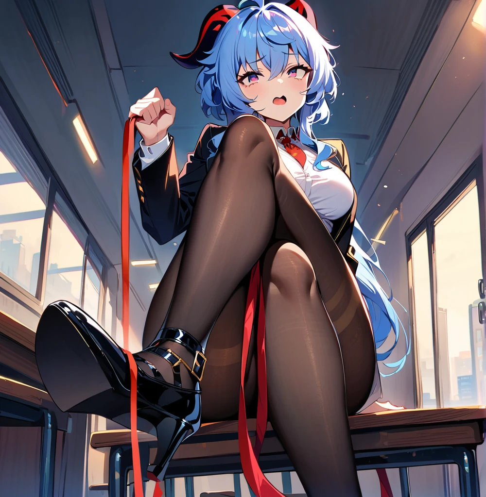 Ganyu,sitting on desk, sitting on desk,fullbody,crossed legs, large breasts,hold leash in hand, looking at viewer,mockng view,high res,high quality, masterpiece ,black tight black skirt, white shirt, black jacket,black heels, black pantyhose , pantyhose with golden lines, classroom,sfw,hold leash in hand, cold look, dominating look,look from below, acting like mistress ,carrying leash, golden lines on her pantyhose,ganyu pantyhose, evil smirk,rape expression, serious expression ,offer leg for viewer,huge thights,open mouth,evil look,detailed black shiny heels,red tie, rolling eyes