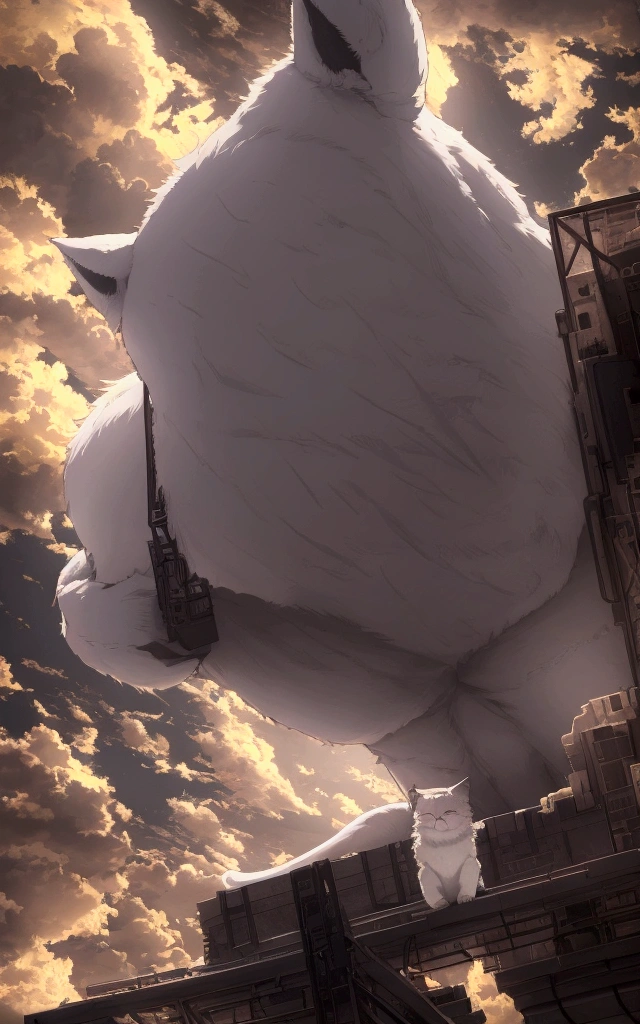 score_9,(best quality,4k,8k,highres,masterpiece:1.2),a ultra-gigantic cat sits on a building, crowd, city, from below, cinematic angle, anime, ultra-detailed,vivid colors,