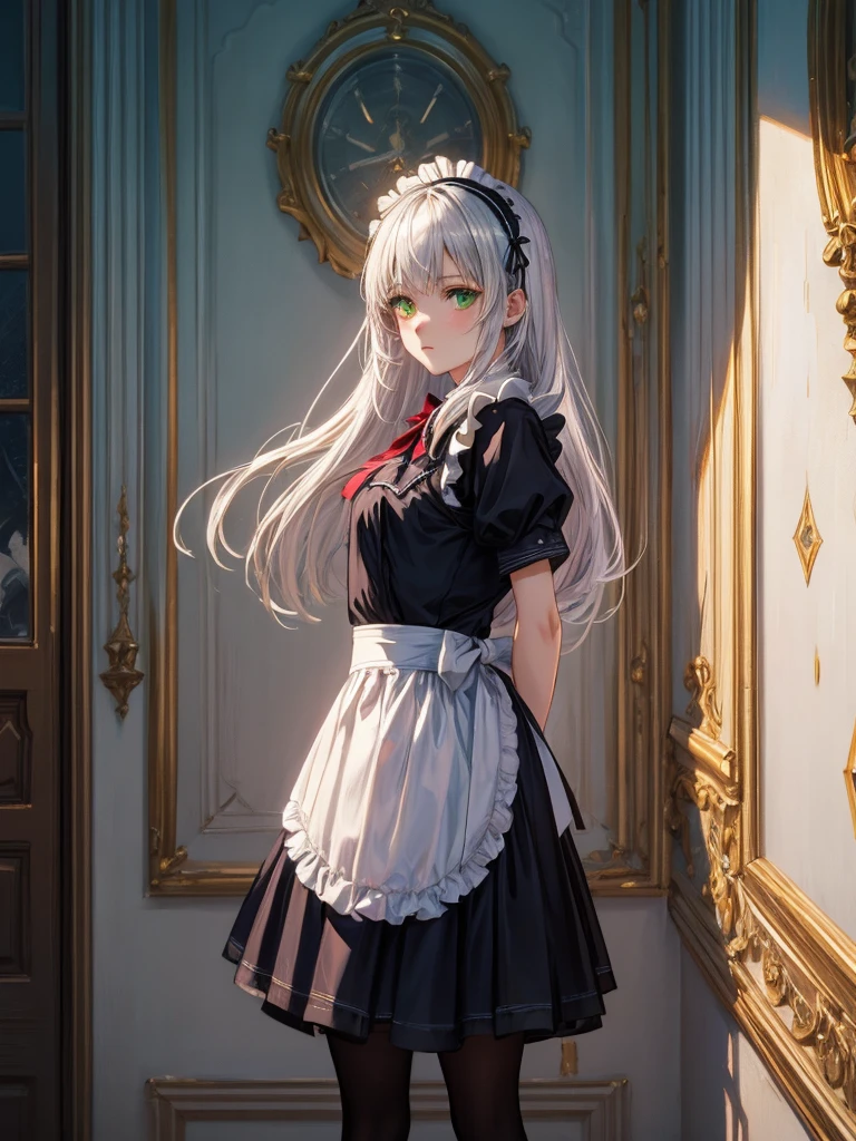 (masterpiece),(Highest quality:1.2),((Perfect Anatomy)),((Put your arms behind your back)),(1 girl),4K Anime,French maid costume,Long maid outfit,Silver Hair,Beautiful and detailed green eyes,Girl in maid outfit,Girl in a Gothic room, girl in tights,pretty girl, Attractive anime girl, Beautiful Anime Girls,(Look at me sideways),Pale skin,Ultra-realistic, Super detailed,CG 4K,Sharp Focus, Dramatic and realistic painting art,Cinema Lighting,Written boundary depth,Creates a dreamy and fantastical atmosphere