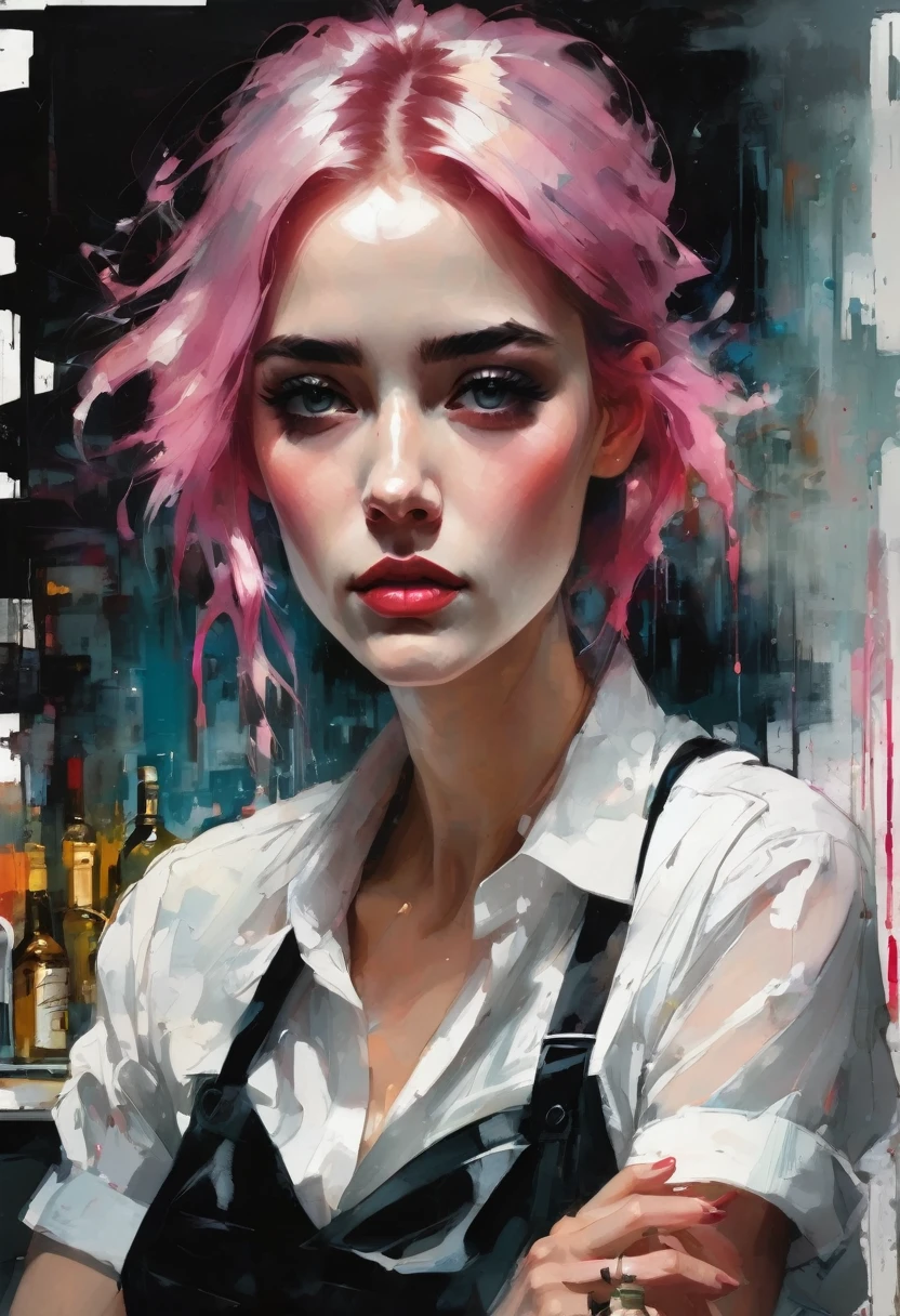 Depiction of a young waitress with pink hair, white shirt and black skirt, abstract work with contrasting colored brushes on the background, with influence of jeremy mann, style of jeremy mann, jeremy mann art, in a bar, jeremy mann painting, jeremy mann, at a bar, drawn in a neo - noir style, by Ludwik Konarzewski, ashley wood illustration