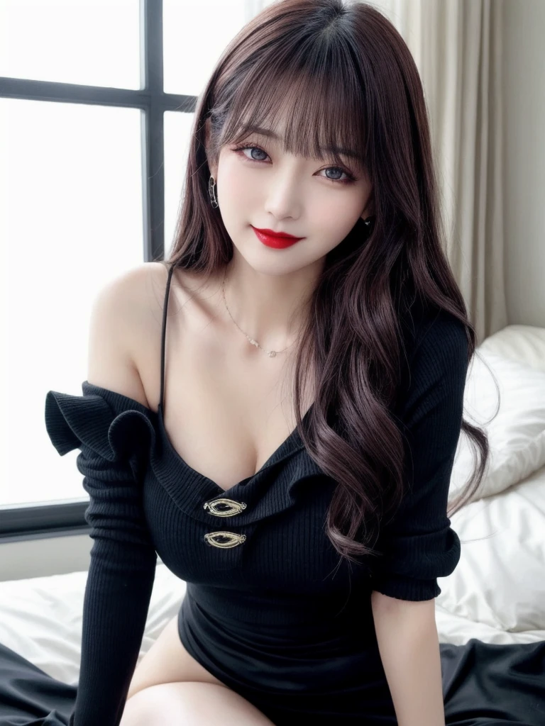 ra-detailed、Japanese、attractive beauty、seductive adult woman、pretty woman、piercing eyes、cool girl、wavy hair、swept bangs、Evil cadres、evil depravity、brainwash、mind control、lipstick、lip gloss、dark makeup、smirk、whisper in your ear、Evil expression、evil、hollow eyes,half-closed eyes、empty eyes、evil、vampire、succubus、vampire、Swear allegiance、sexy pose、hair ornaments、Charming, alluring, alluring, evil, seductive eyes, evil smile, exposed shoulders, exposed waist, exposed thighs, white color underwear, on the bed, night, warm light