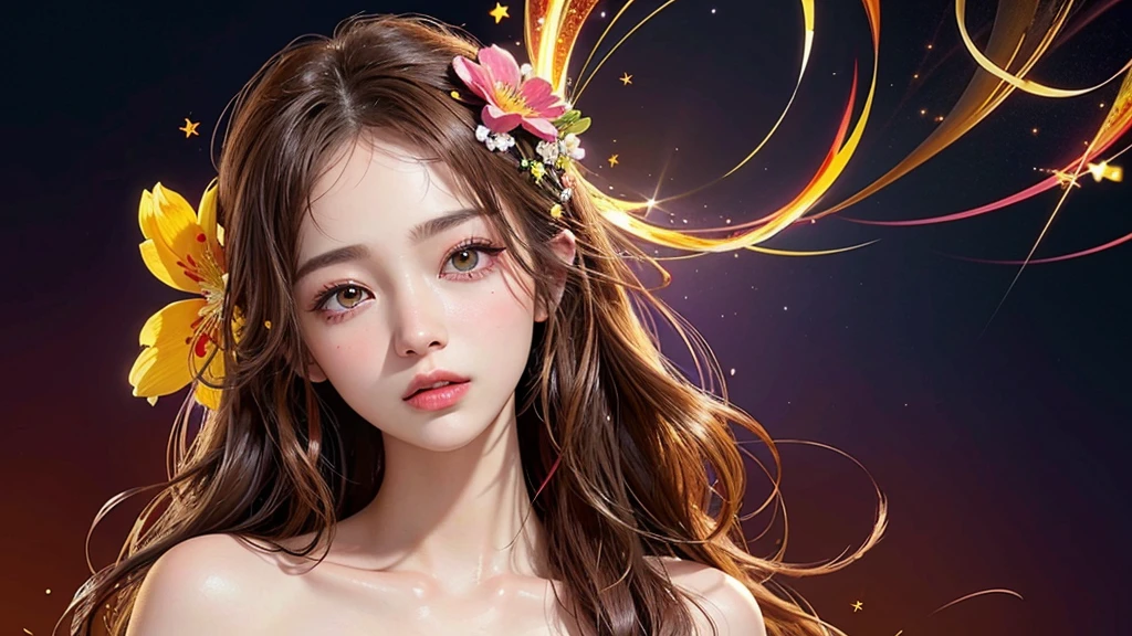 One girl, alone, flower畑, flower, (Official Art, unity 8k wallpaper, Super detailed, beautifully、aesthetic, masterpiece ,Highest quality:1.3), (Dynamic Angle:1.4), (Floating colorful sparkles:1) , elegant, Vibrant colors, Highly detailed face, Detailed eyes, Glowing Skin, Glossy Lips , Red and yellow background, Brown Hair,