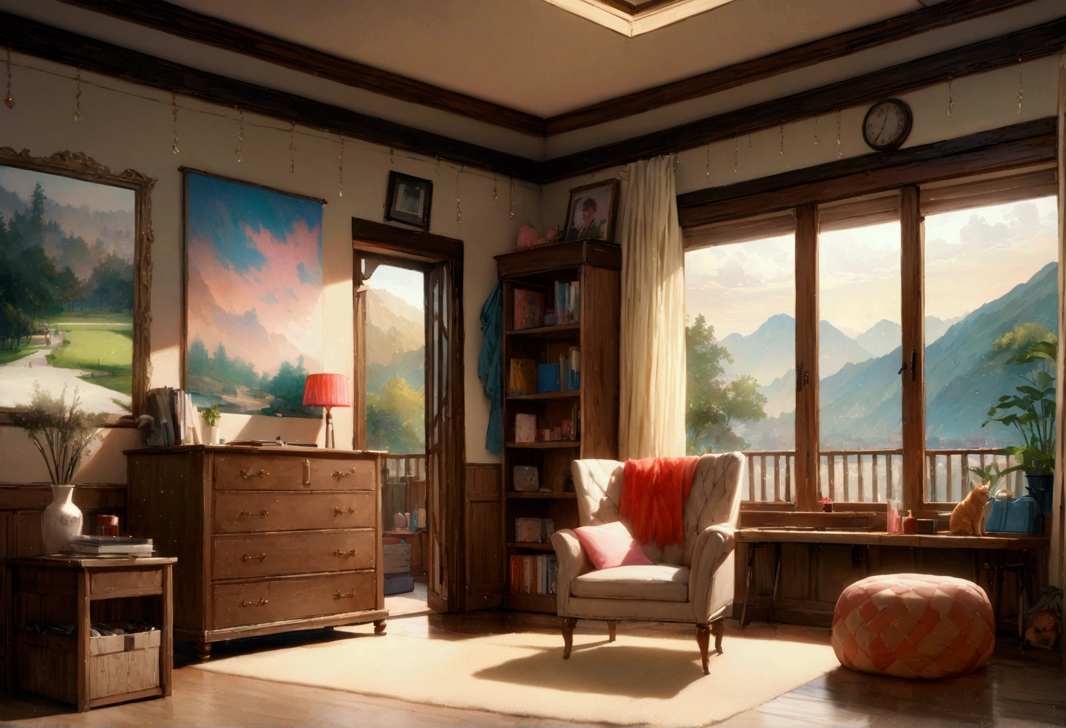 one's home, Large windows and beautiful views,High School Girl Room,Glitter effect,Highest quality, 8k, High resolution, masterpiece:1.2, Very detailed, Realistic:1.37, High resolution, 超High resolution, Ultra-fine painting, Very detailed, Professional, Vibrant colors