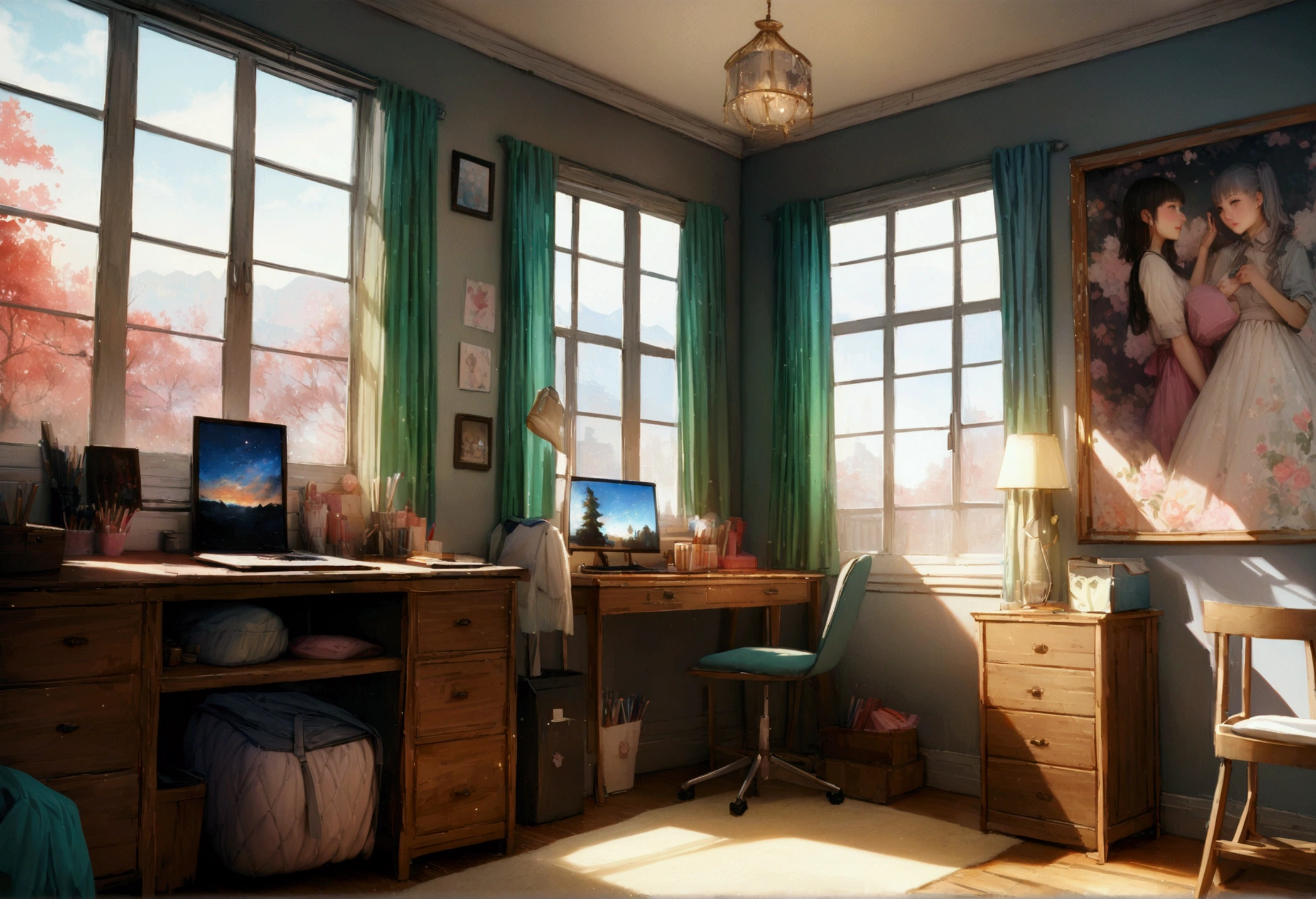 one&#39;s home, Large windows and beautiful views,High School Girl Room,Glitter effect,Highest quality, 8k, High resolution, masterpiece:1.2, Very detailed, Realistic:1.37, High resolution, 超High resolution, Ultra-fine painting, Very detailed, Professional, Vibrant colors