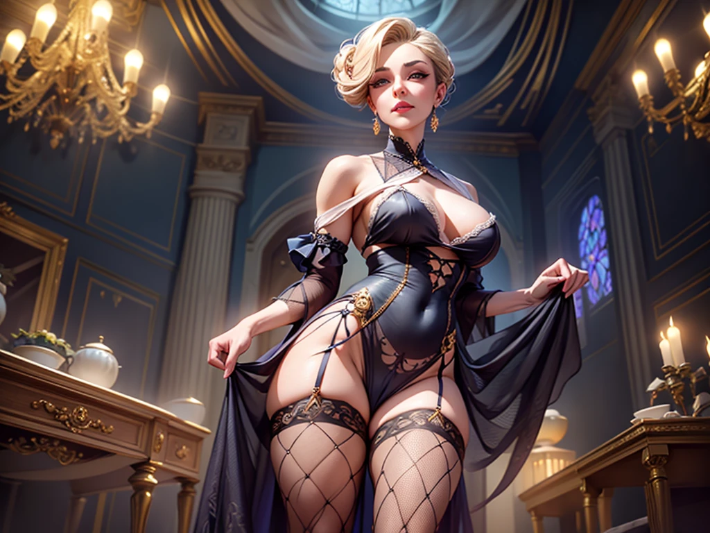a busty girl,wearing the pantyhose and garter belt stockings and fishnet stockings,fleshy thigh ,thick thigh ,big round breasts,huge breasts ,perfect bodyThe banquet hall is spacious and luminous, with a high ceiling from which hangs an opulent crystal chandelier, emitting soft and warm light. The walls are adorned with exquisite frescoes or mirrored surfaces, reflecting the brilliance of the lights. At the center of the venue stands a large stage, surrounded by neatly arranged dining tables, each set with fine tableware and fresh flowers. In front of every seat lies a program and a small gift, a gesture of respect and welcome for each guest. As the female hostess takes the stage, the spotlight brightens, following her every move, making her the focal point of the room. Dressed in a splendid and intricately designed evening gown, the hem of her dress sways gently with her steps, shimmering with delicate sheen. The color of the gown might be classic black or graceful dark blue, embellished with intricate beads or embroidery, highlighting her nobility and grace. Her hair is meticulously styled, perhaps in an elegant updo that showcases her refined neckline; her makeup is refined yet natural, with eye makeup accentuating her bright eyes, and lip color possibly a soft rose hue or a classic red, complementing her evening gown beautifully.