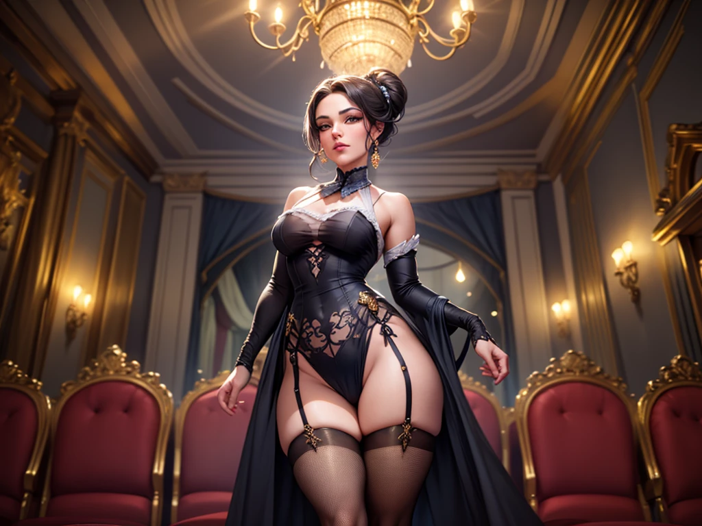 a busty girl，wearing the pantyhose and garter belt stockings and fishnet stockings，fleshy thigh ，thick thigh ，big round breasts，huge breasts ，perfect bodyThe banquet hall is spacious and luminous, with a high ceiling from which hangs an opulent crystal chandelier, emitting soft and warm light. The walls are adorned with exquisite frescoes or mirrored surfaces, reflecting the brilliance of the lights. At the center of the venue stands a large stage, surrounded by neatly arranged dining tables, each set with fine tableware and fresh flowers. In front of every seat lies a program and a small gift, a gesture of respect and welcome for each guest. As the female hostess takes the stage, the spotlight brightens, following her every move, making her the focal point of the room. Dressed in a splendid and intricately designed evening gown, the hem of her dress sways gently with her steps, shimmering with delicate sheen. The color of the gown might be classic black or graceful dark blue, embellished with intricate beads or embroidery, highlighting her nobility and grace. Her hair is meticulously styled, perhaps in an elegant updo that showcases her refined neckline; her makeup is refined yet natural, with eye makeup accentuating her bright eyes, and lip color possibly a soft rose hue or a classic red, complementing her evening gown beautifully.