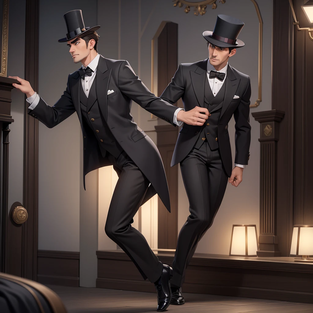 masterpiece, Highest quality, Realistic, 1 person, Mature Men, A quiet and attractive young man, Age 25, Close ~ eyes, Serious expression, Highly detailed face, ((Dark grey eyes)), ((Short dark brown hair swept to the right)), [Thick eyebrows], Thief, city, ((Wearing a top hat)), Cinema Lighting, Looking at the audience, Postural dynamics,Side angle、((Full body view))
