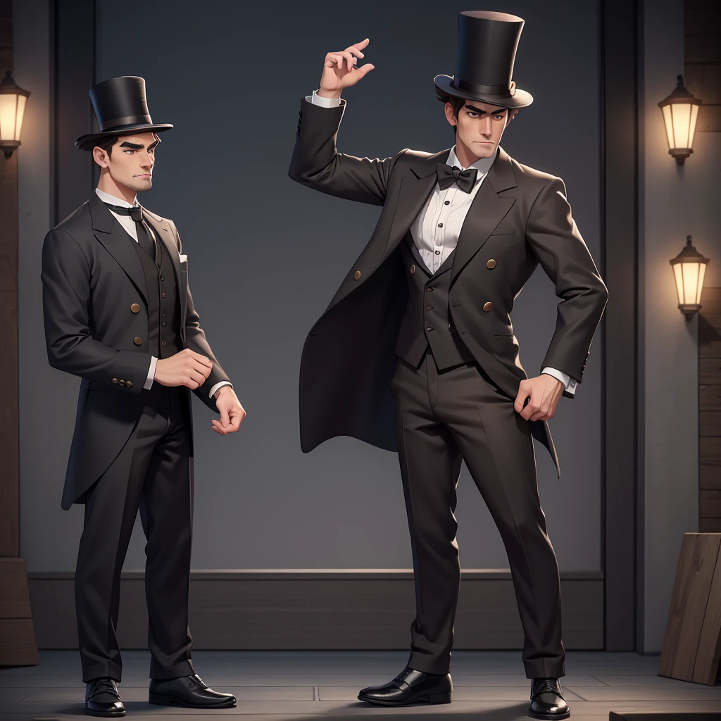 masterpiece, Highest quality, Realistic, 1 person, Mature Men, A quiet and attractive young man, Age 25, Close ~ eyes, Serious expression, Highly detailed face, ((Dark grey eyes)), ((Short dark brown hair swept to the right)), [Thick eyebrows], Thief, city, ((Wearing a top hat)), Cinema Lighting, Looking at the audience, Postural dynamics,Side angle、((Full body view))