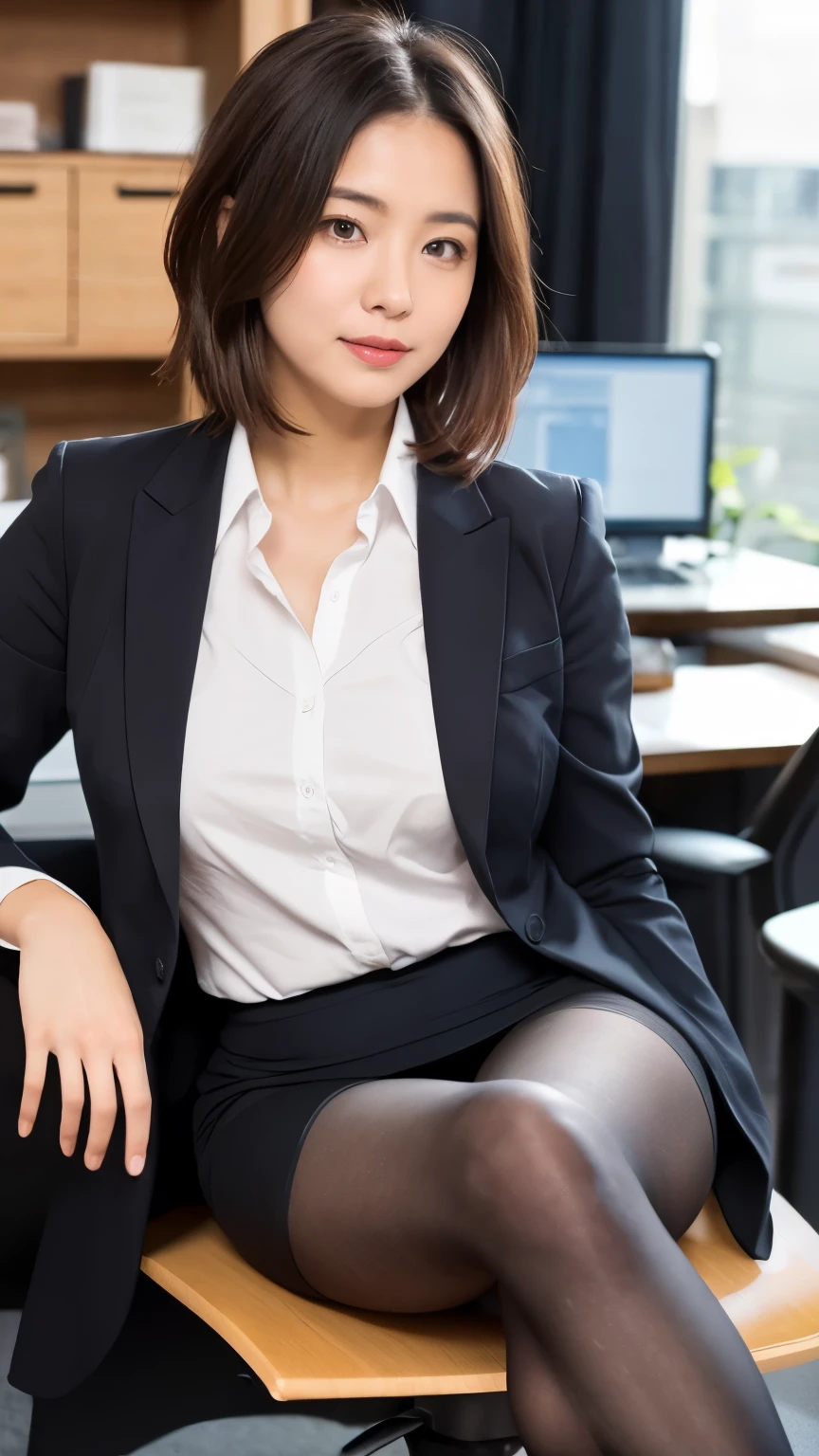 An elegant, upper-class, elite secretary in a business shirt, sit on a chair and work in an office、厳格なbusiness suitを着ている, (Wearing pantyhose)、(Short Layered Hair)、Crossing your legs, Wear high-quality high heels、 (Knee socks and skirt), Girl in a shirt, business suitを着用する, business suitを着用する, business suitを着て, Businesswoman, Business attire, 黒のbusiness suitを着ている, Wear a shirt and skirt, business suitを着た女性, business suit, business attire, RAW Photos, (8k、Highest quality、masterpiece:1.2)、(Intricate details:1.4)、(Photorealistic:1.4)、Octane Rendering、Complex 3D rendering with ultra-detail, Studio Soft Light, Rim Light, Vivid details, Super Detail, Realistic skin texture, Detailed aspect, Beautiful details in the eyes, Highly detailed CG Unity 16k wallpaper, compensate, (Detailed Background:1.2), Exposed thighs!!!,