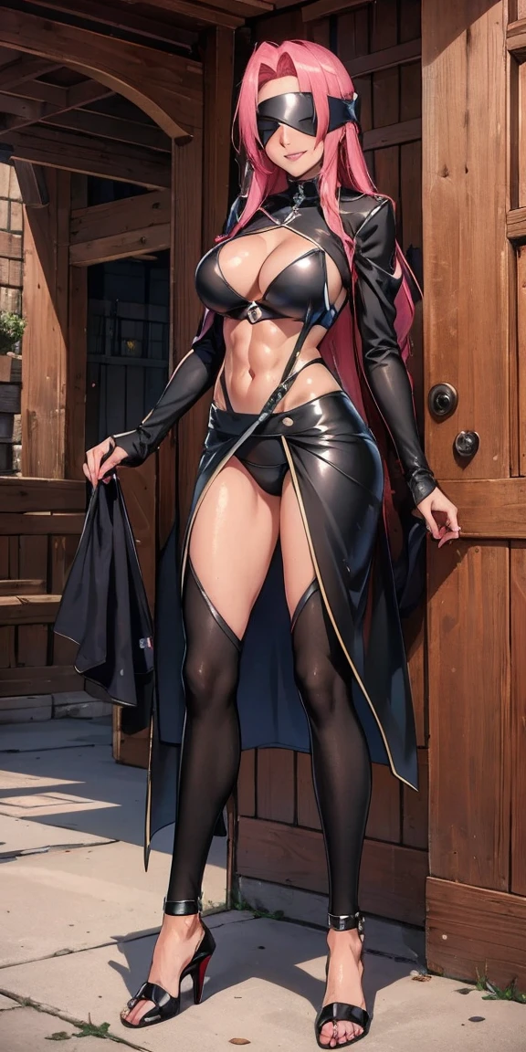 (masterpiece, HI quality: 1.1) 1girl full body standing good face, nice ass, hairstyle: braid, Color Hair: PINK long hair, Blindfolded: NO EYES, Skin: White (porcelain skin, sparkly skin), muscular, thighs, Mature woman, Abs, looks at the viewer smiling, extremely huge breasts, maternal, chest cover with clothes (Hell knight ingrid (anime style) Demon Knight Ingrid (OVA))