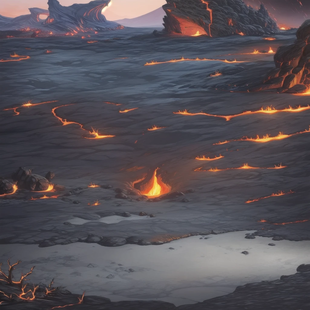 concept art, Horizontal Scene, horizon composition, There are no humans, sight, underground cave, rock, volcanic area, lava