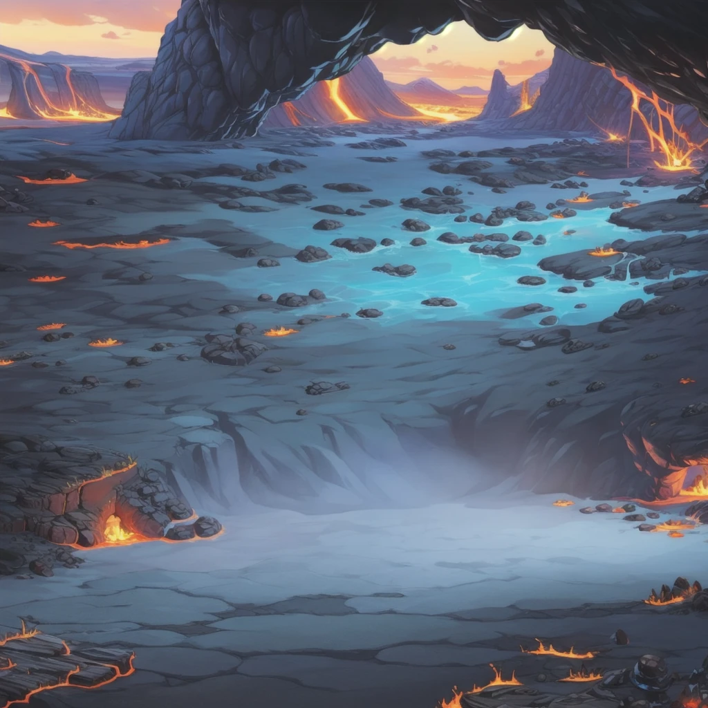 concept art, Horizontal Scene, horizon composition, There are no humans, sight, underground cave, rock, volcanic area, lava