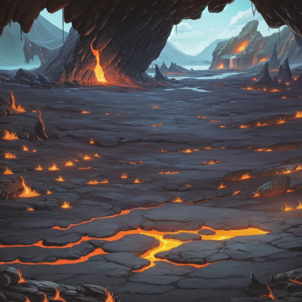 concept art, Horizontal Scene, horizon composition, There are no humans, sight, underground cave, rock, volcanic area, lava