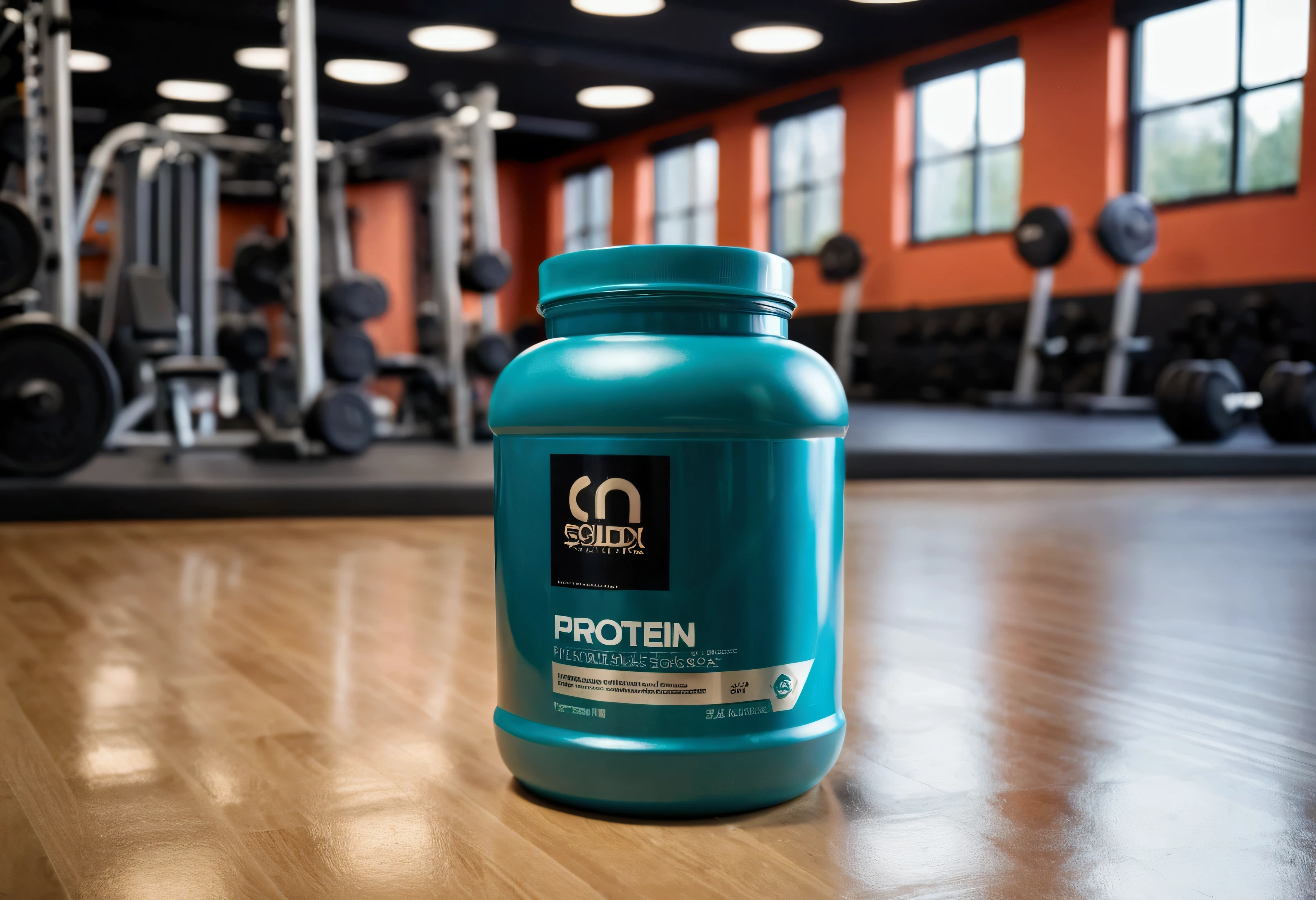 a picture of a protein jar (solid color jar) on the floor (no label on the jar), gym in the background like in a commercial, gym out of focus