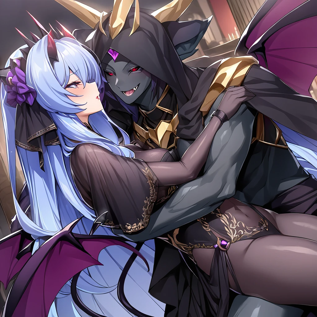 ((Highest quality)), ((masterpiece)), (detailed), （Perfect Face）、The woman is hugging, kissing and having sex with the great and powerful evil demon king man.、The woman is a beautiful, jet-black female demon, the queen of evil, Devil Extia, with jet-black skin, medium-long blue hair, wearing a luxurious black wedding dress with gold embroidery and trim, a black wedding veil, an engagement ring, and luxurious accessories. She is an elegant, beautiful female demon, the queen of evil.、A great demon with jet black skin, impressive devil horns, devil wings and a devil tail.、The woman looks happy、The man is a great and powerful demon king.、The woman is being loved and loved by the majestic demon king.